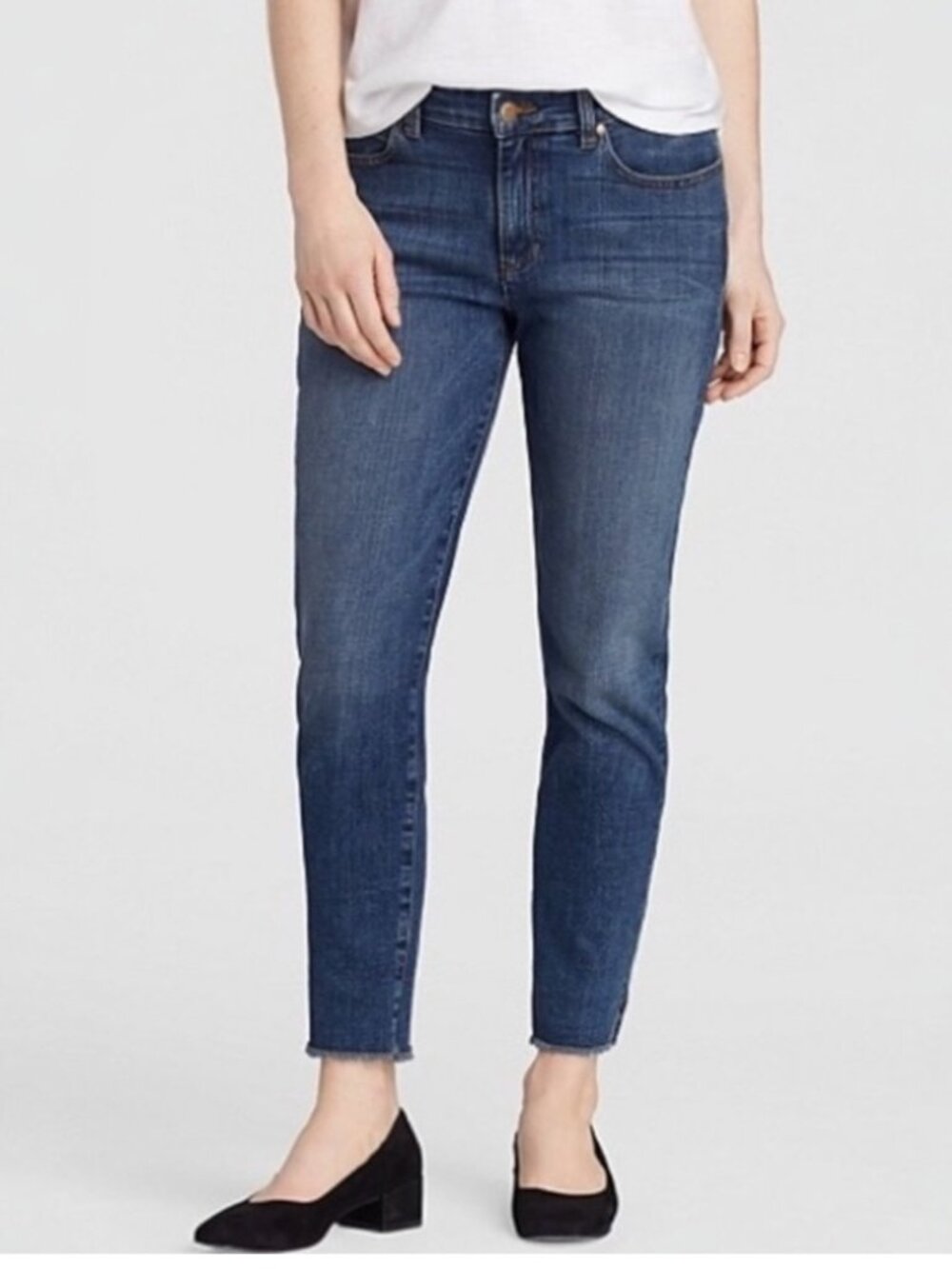 Eileen Fisher Organic Cotton Stretch Denim Frayed Hem Slim Ankle Jeans Size 8